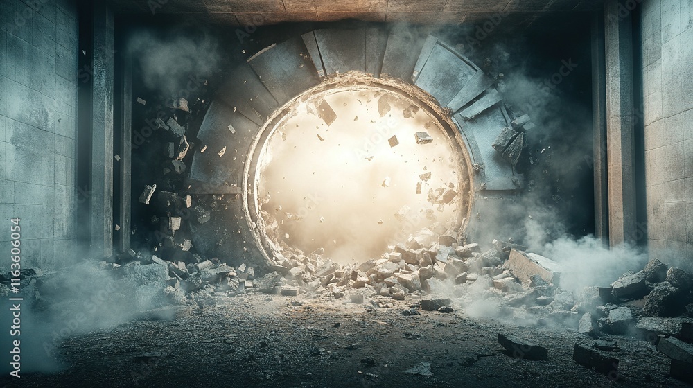 Bank collapse, vault doors bursting open, chaos and panic inside, urgency and desperation fill the air, financial turmoil unfolds