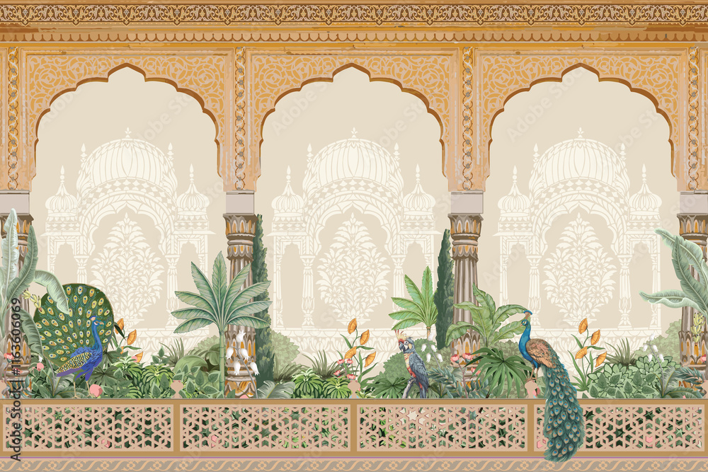 custom made wallpaper toronto digitalIndian Mughal style Jaipur palace garden, temple, arch with column, tropical plant, peacock, bird, floral decorative frame, border for greeting card, background. Mughal pichwai garden illustration.