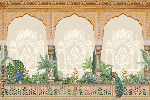 Indian Mughal style Jaipur palace garden, temple, arch with column, tropical plant, peacock, bird, floral decorative frame, border for greeting card, background. Mughal pichwai garden illustration. photo