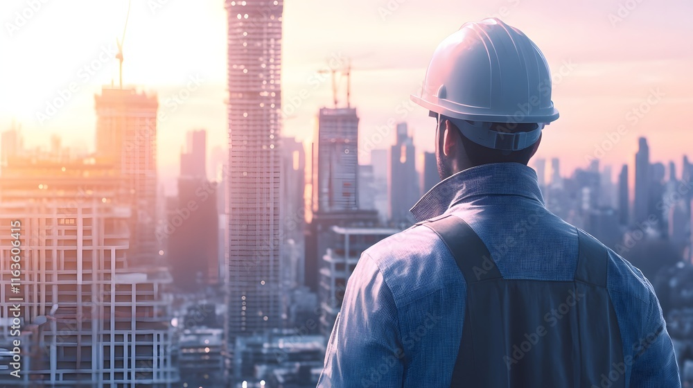 Construction Worker Overlooking Cityscape at Sunset Construction Worker Overlooking Cityscape at Sunset
