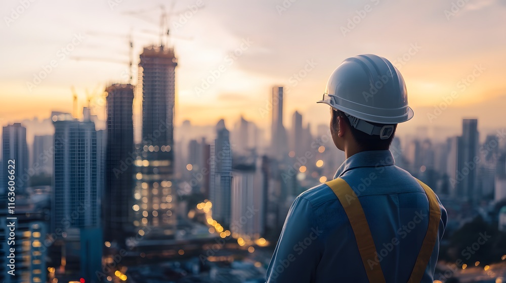 Construction Worker Observing City Skyline at Sunset Construction Worker Observing City Skyline at Sunset