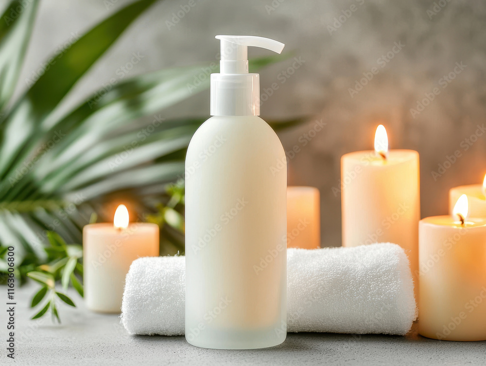 Moisturizing lotion bottle with candles and towels for spa ambiance Moisturizing lotion bottle with candles and towels for spa ambiance