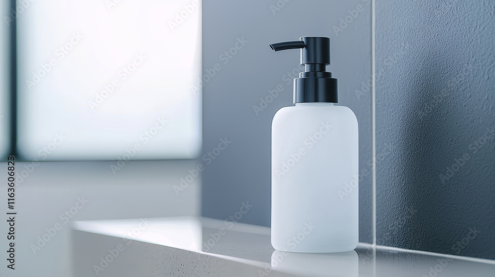 Frosted liquid soap dispenser bottle on modern bathroom shelf Frosted liquid soap dispenser bottle on modern bathroom shelf