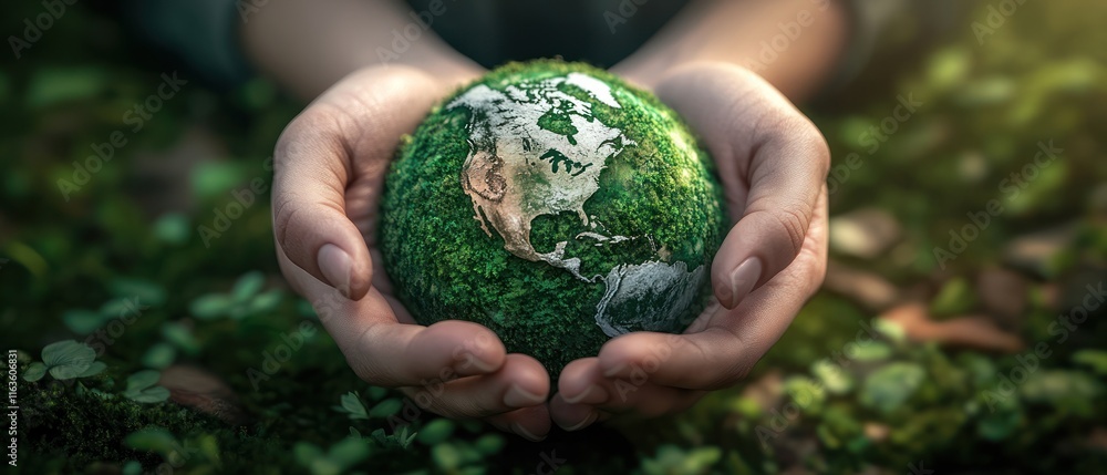 Hands holding a miniature moss-covered Earth globe. Hands holding a miniature moss-covered Earth globe.