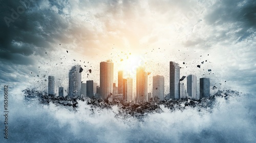 Futuristic city skyline in chaos, buildings collapsing under economic collapse, urban decay, a stark vision of a crumbling future