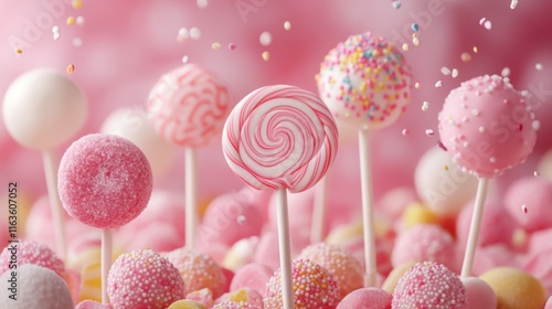 Swirling lollipops and sugary delights create a whimsical candy wonderland in pastel colors photo