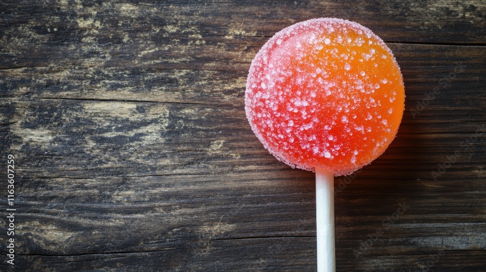 Colorful lollipop resting on a rustic wooden table inviting sweet moments of nostalgia and joy Colorful lollipop resting on a rustic wooden table inviting sweet moments of nostalgia and joy