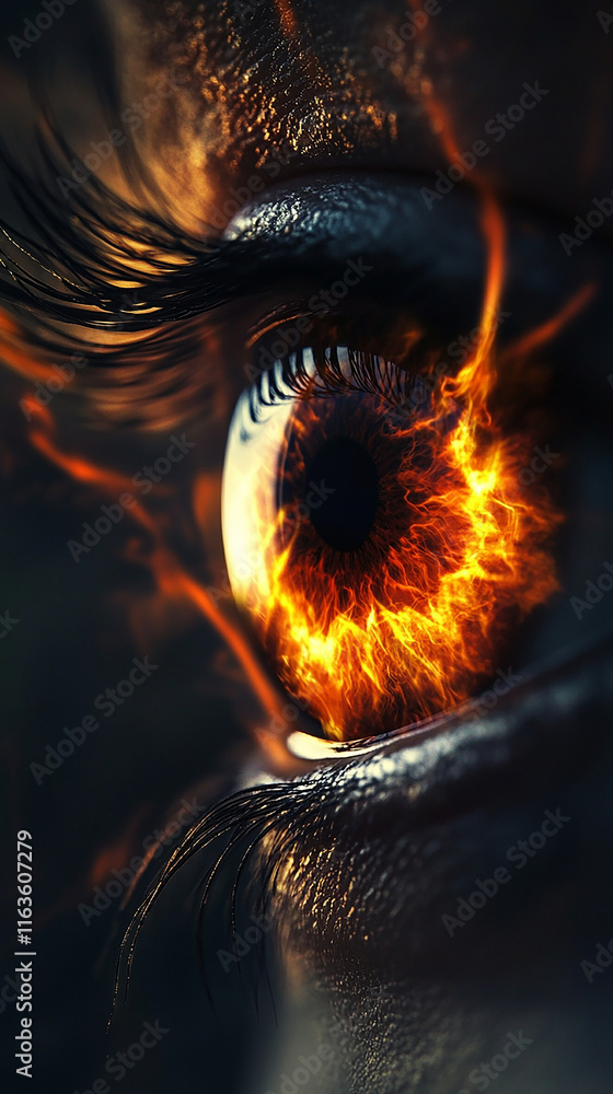 Eye with fiery patterns radiating from the iris Eye with fiery patterns radiating from the iris