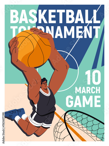 Basketball match event poster. Advertising of sports game, basket ball competition, tournament, championship. Promotion design with sportsman plays, does slam dunk into hoop. Flat vector illustration