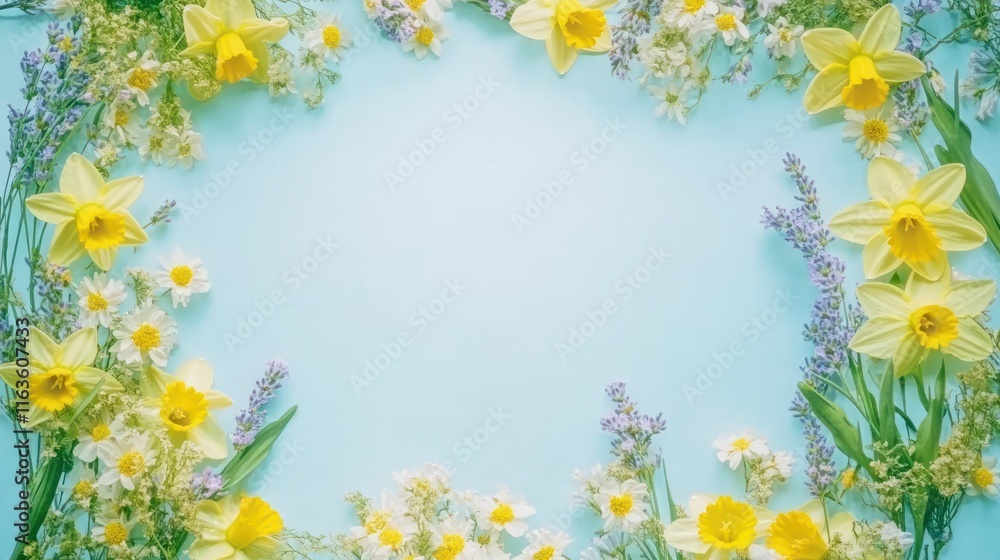 Spring flowers frame on light blue background. Spring flowers frame on light blue background.