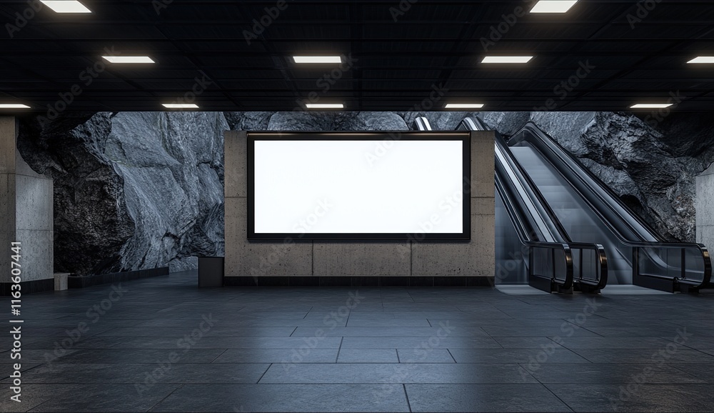 Blank Billboard Ad in Subway Station with Escalators and Rock Walls Blank Billboard Ad in Subway Station with Escalators and Rock Walls