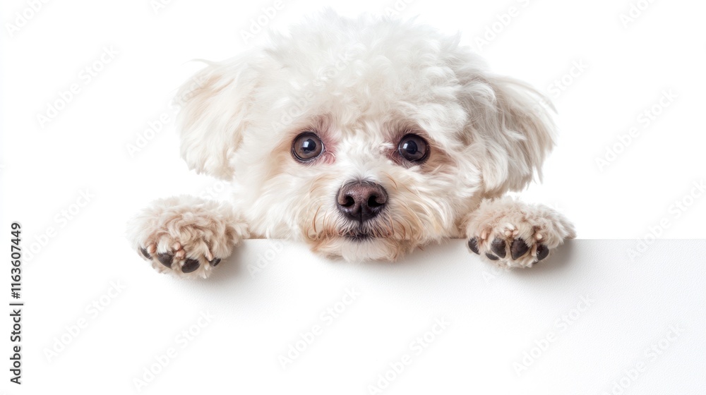 Adorable white fluffy dog peeking over a blank sign. Adorable white fluffy dog peeking over a blank sign.