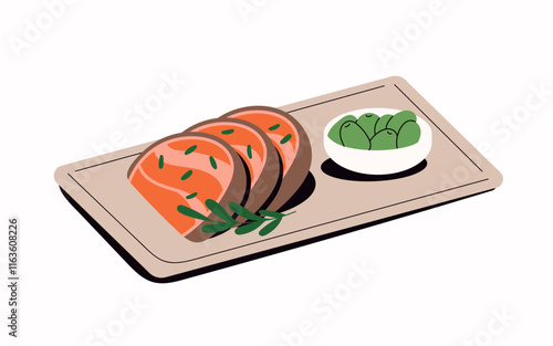 Restaurant food on board. Raw fish or meat slices with leaves of greenery and bowl of ripe olives on plate. Dish with delicious eating for lunch. Flat isolated vector illustration on white background