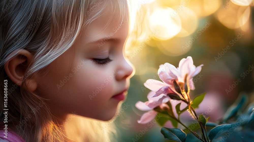 Young girl enjoys the scent of pink flowers in a garden during golden hour Young girl enjoys the scent of pink flowers in a garden during golden hour