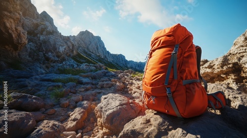 Bright orange backpack on rocky mountain trail with clear blue sky photo