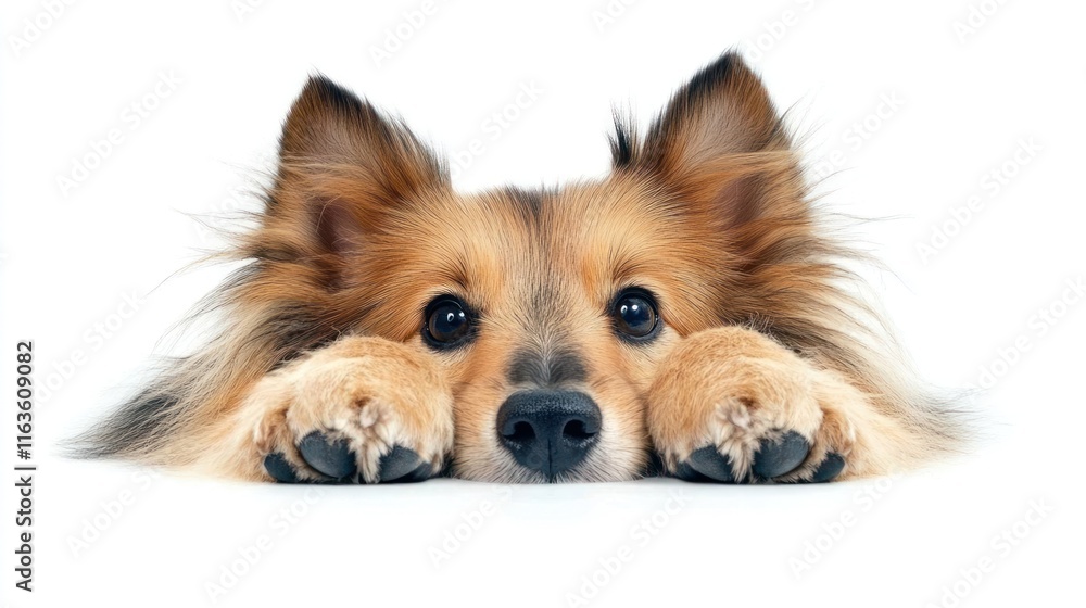 Adorable fluffy dog with paws on white background, looking curiously at the camera. Adorable fluffy dog with paws on white background, looking curiously at the camera.