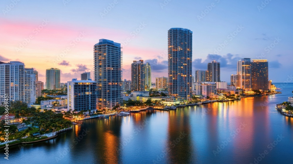 Naklejka premium Vibrant Urban Skyline at Dusk with Bright Lighting