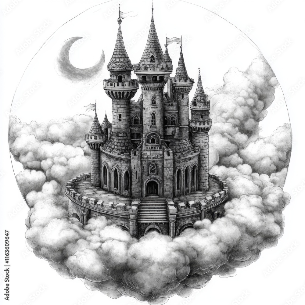 Obraz premium Fairytale castle in clouds, crescent moon, pencil sketch.