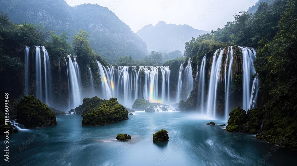 Naklejka premium Mystical serene idea. Breathtaking waterfall surrounded by lush green mountains and serene blue waters.