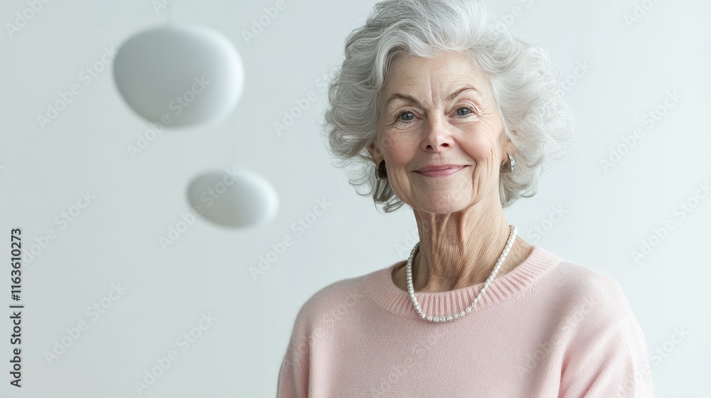 Smiling senior woman in a pastel pink sweater looks at the camera against a white background. Smiling senior woman in a pastel pink sweater looks at the camera against a white background.