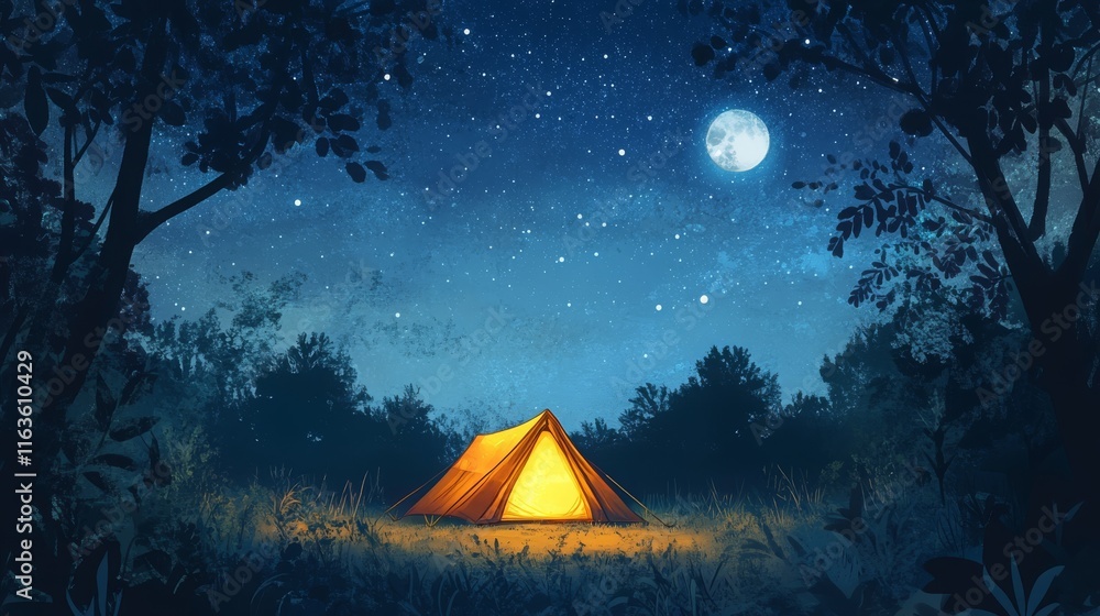 Tranquil night camping under a starry sky and full moon Tranquil night camping under a starry sky and full moon