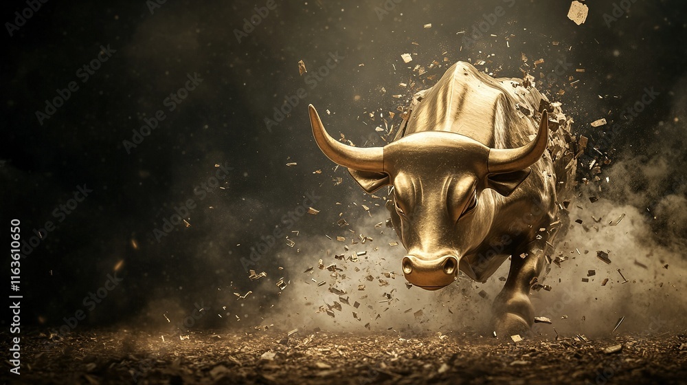 Dystopian finance landscape, broken golden bull statue amidst crumbling skyscrapers, reflecting economic collapse and societal despair