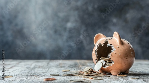 Obraz na płótnie Economic Struggles, shattered piggy banks, fallen coins, symbolizing financial hardship and the impact of economic decline w salonie