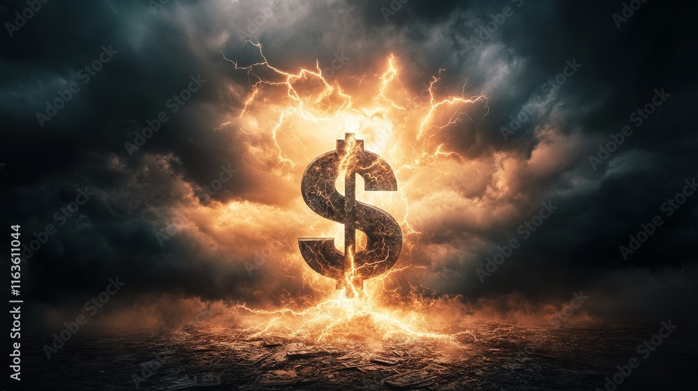 Economic turmoil, dark clouds gather with lightning striking a shattered dollar sign, symbolizing financial instability and crisis.