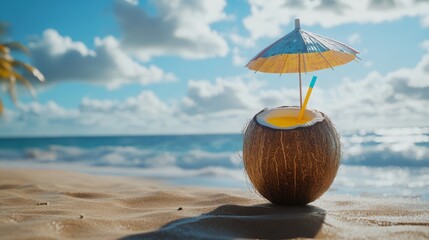 Stickers  Tropical beach with coconut drink under parasol on sunny day  © Oxana39