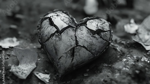 Broken heart-shaped with cracked surface. Gritty textures. Monochrome black and white, , Represent grief, sadness, somber and emotional. Symbolic of love fragility. photo