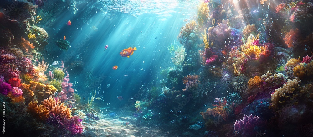 Obraz premium Vibrant coral reef teeming with colorful fish underwater. Sunlight streams through the water.