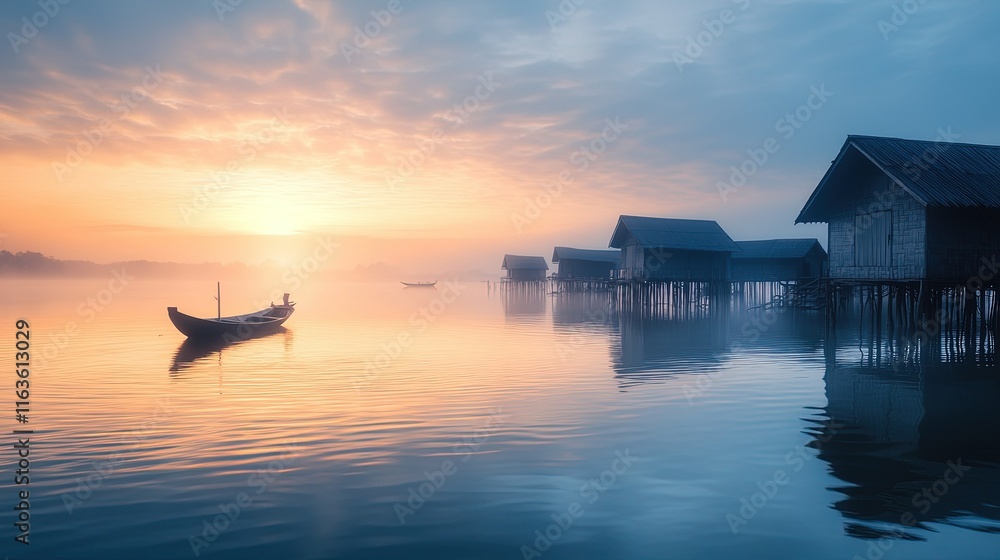 Fototapeta premium Serene Stilted Living, tranquil floating village with wooden houses, calm waters reflecting morning light, peaceful atmosphere