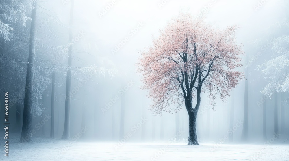 Obraz premium Seasonal Transformation of a Tree, showcasing vibrant blooms of spring, lush summer foliage, autumnal hues, and serene winter frost.