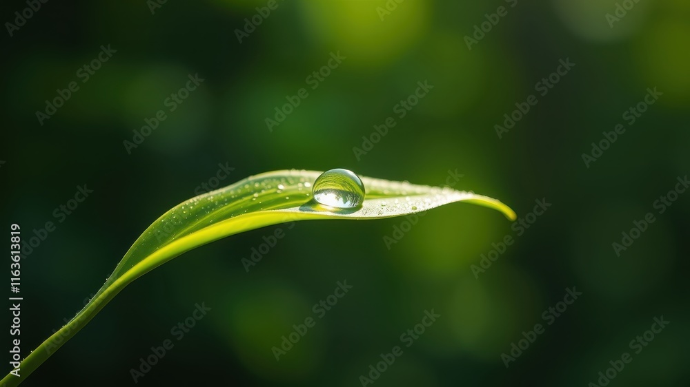 A single dewdrop rests delicately on a vibrant green leaf, reflecting the surrounding natural light. A single dewdrop rests delicately on a vibrant green leaf, reflecting the surrounding natural light.