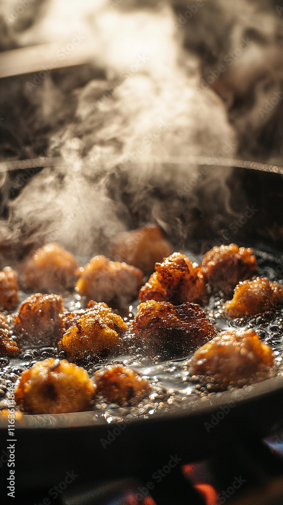 Frying karaage pieces in a traditional Japanese pan