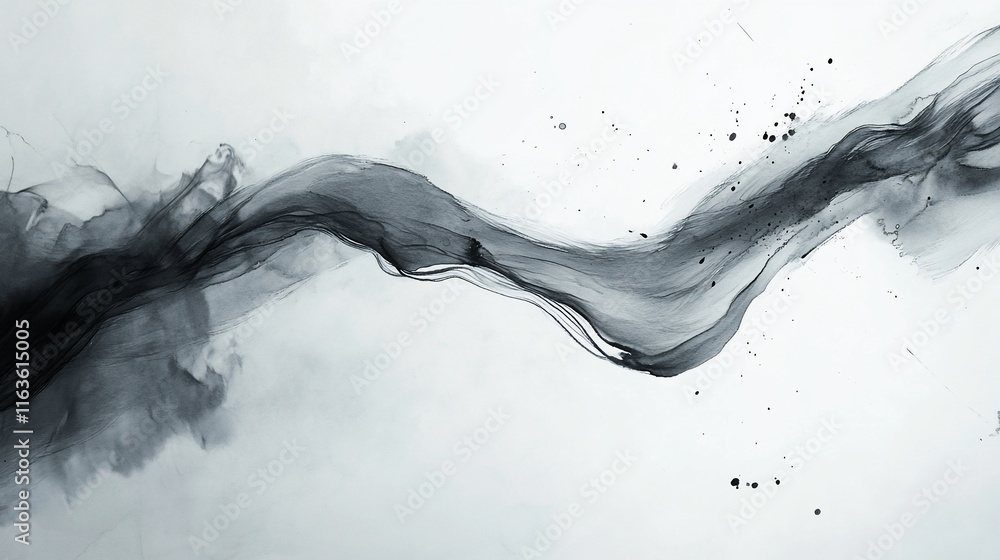Abstract ink wash painting, flowing, swirling, and splattered dark grey and black ink on light grey background. Abstract ink wash painting, flowing, swirling, and splattered dark grey and black ink on light grey background.