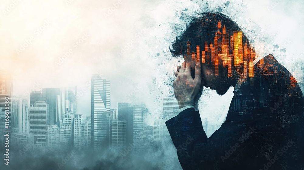 Investor anxiety depicted through chaotic falling financial symbols, abstract representation of market turmoil and emotional distress
