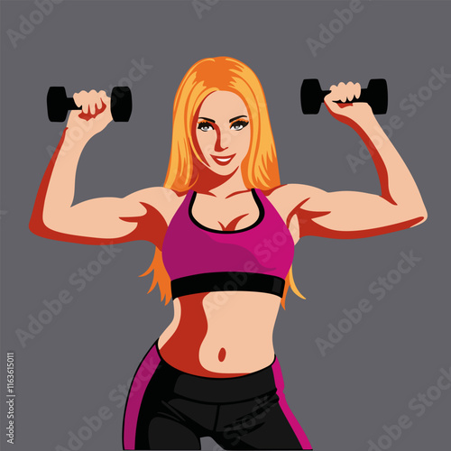 Athletic woman holding dumbbells. Workout, exercise, health, and strength concept. Vector illustration