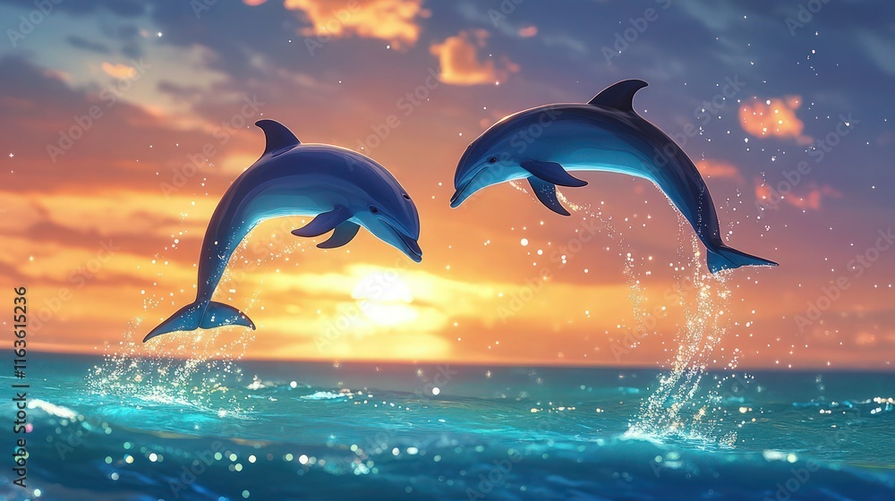 Fototapeta premium Two dolphins leap joyfully from ocean waves against a vibrant sunset backdrop suitable for advertising or holiday visuals.