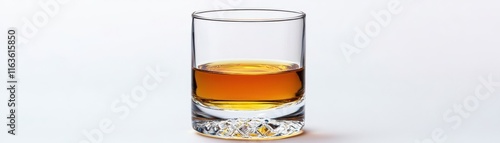 A clear glass with a whiskey drink, showcasing a rich amber hue, set against a minimalist background.