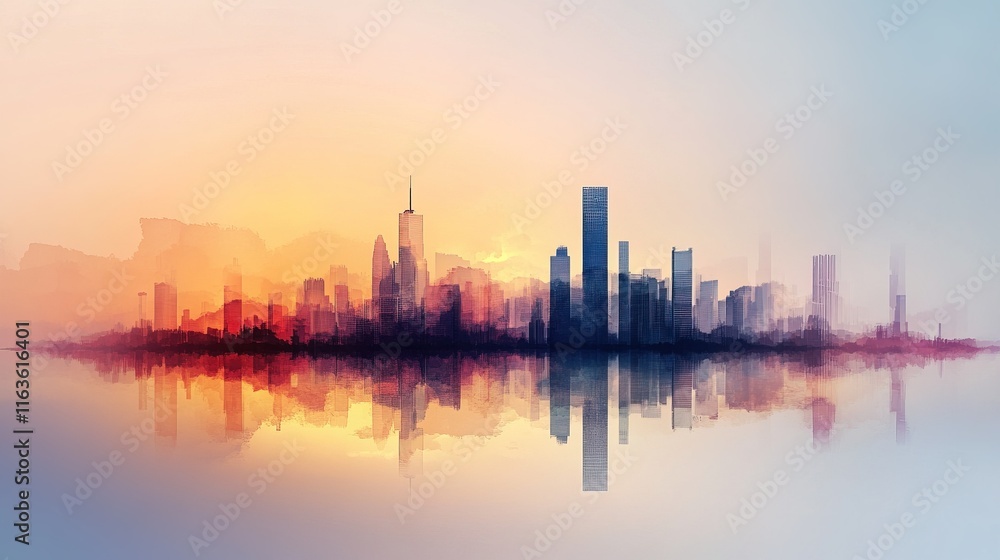Fototapeta premium Urban Sunset Serenity, vibrant skyline silhouettes mirrored in sleek glass facades, warm hues embracing the cityscape at dusk