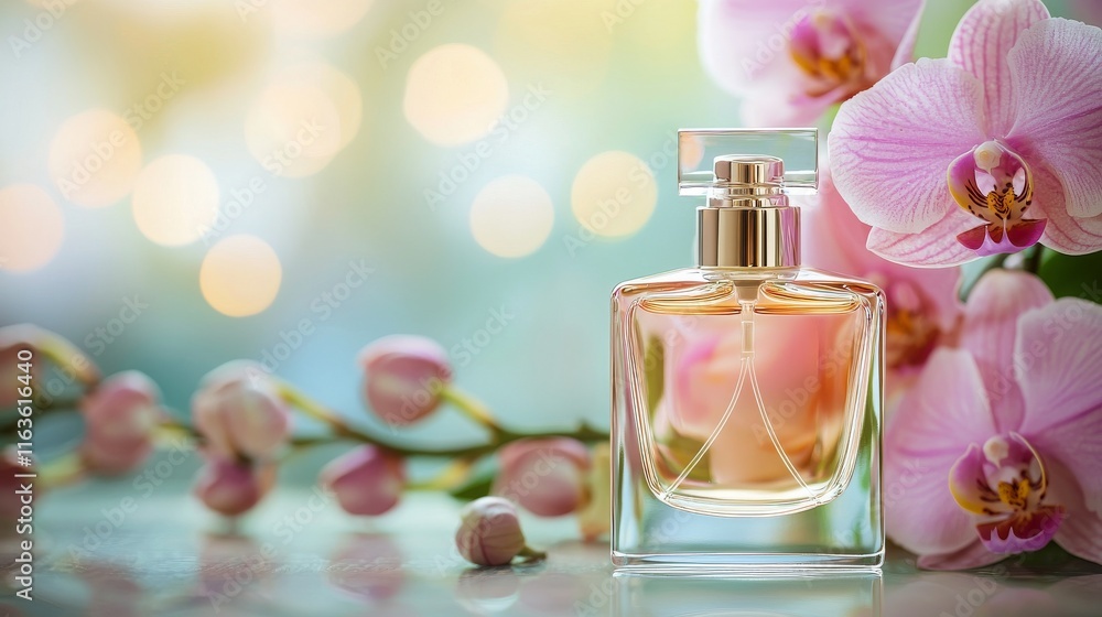 Elegant Perfume Bottle Surrounded by Orchids Elegant Perfume Bottle Surrounded by Orchids
