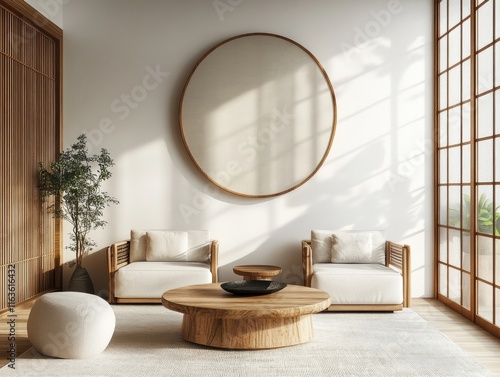 Minimalist japandi living room interior design showcase modern home high fidelity visuals serene environment bright natural light aesthetic inspiration photo