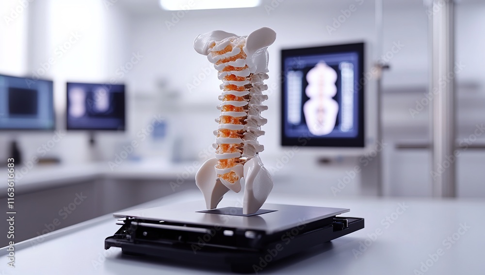 Fototapeta premium 3D Printed Spinal Model: Anatomy Visualization on Scanner, Precisely Showcasing Vertebrae and Intervertebral Discs for Medical Professionals.