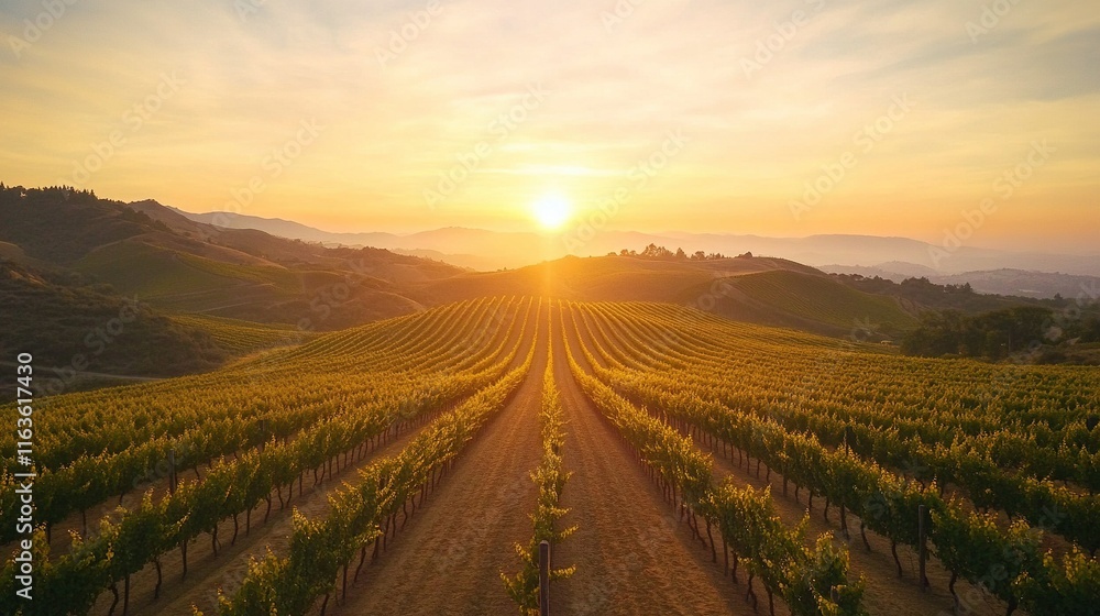 Vibrant Vineyard Sunset, expansive grapevines on scenic hills under a brilliant sunset sky, a tranquil and picturesque landscape scene Vibrant Vineyard Sunset, expansive grapevines on scenic hills under a brilliant sunset sky, a tranquil and picturesque landscape scene