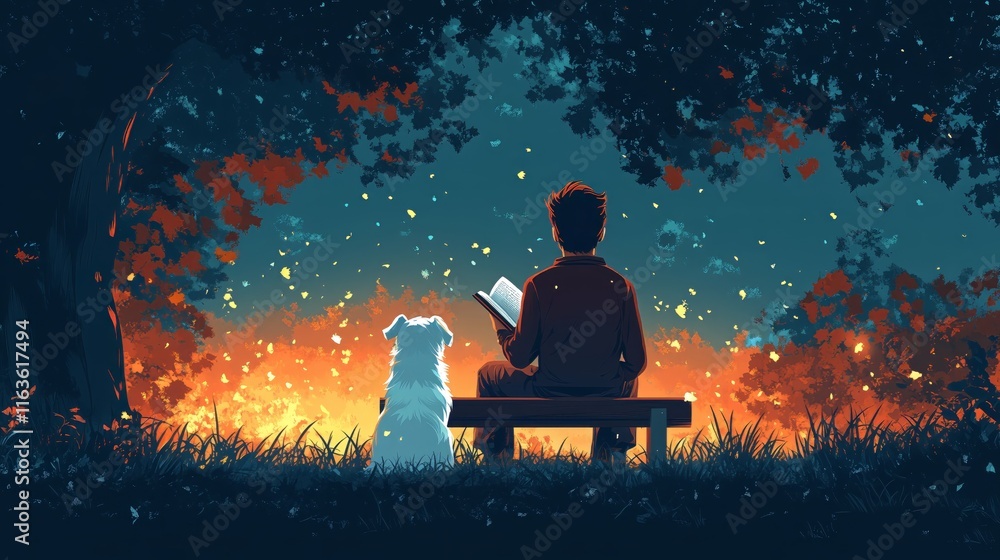 Serene moment: man and dog enjoying a book amidst a colorful sunset in nature Serene moment: man and dog enjoying a book amidst a colorful sunset in nature