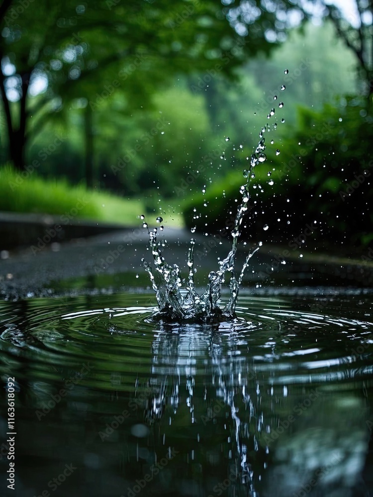 Fototapeta premium Macro photography, time-lapse photography, dark green background, puddle of water on the road, there are green trees reflection, water droplets splash up splash, ripples, small fresh filter,