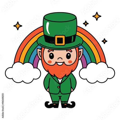 Cute leprechaun with rainbow and clouds illustration