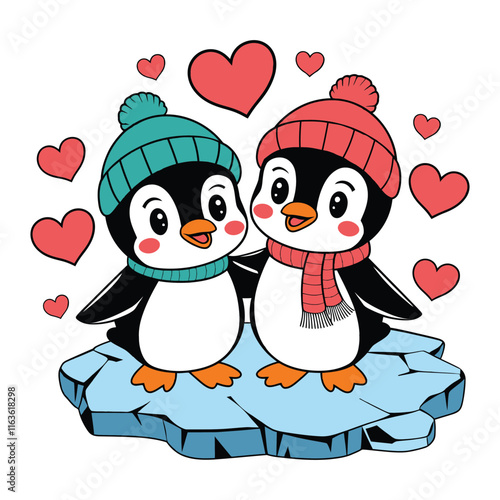 Cute Penguin Couple with Hearts on Ice Illustration photo