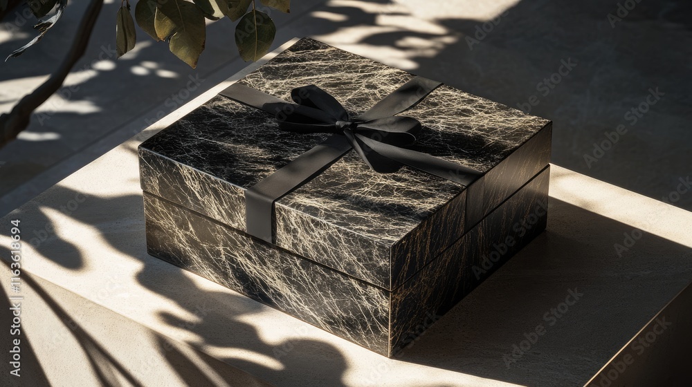 Fototapeta premium Elegant black marble gift box with black ribbon.
